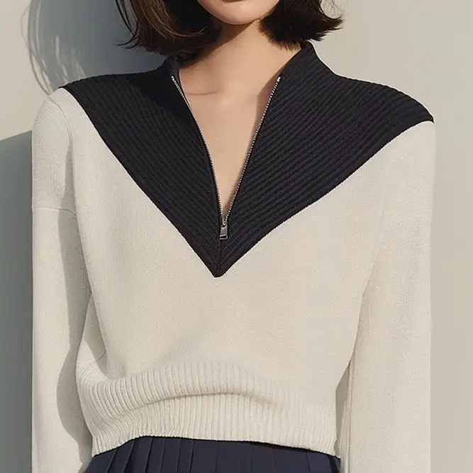 

Fashion Color Blocked Half Zipper Stand Up Collar Long Sleeved Knitted Sweater for Women Autumn Winter Pullover Knitwear