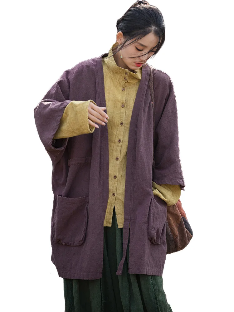 Jaqueta retrô Ramie Robe para mulheres, ajuste extragrande, camisa slouchy, frente aberta