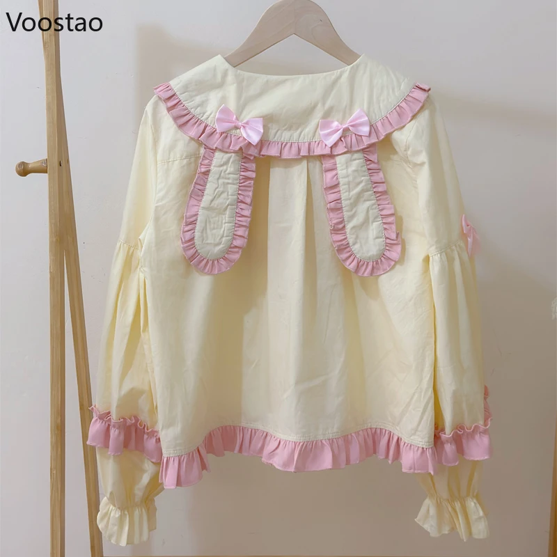 Japanese Sweet Lolita Style Shirts Women Kawaii Bunny Ear Peter Pan Collar Bow Blouses Girls Casual Y2k White Long Sleeves Tops