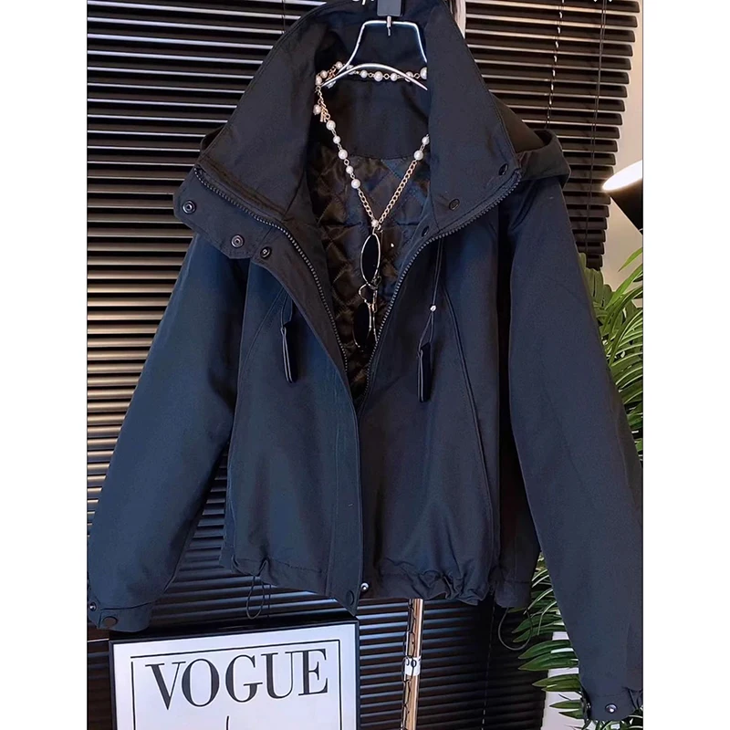 المرأة قصيرة الخريف الشتاء خندق معطف مقنعين سترة واقية غير رسمية فضفاضة ملابس خارجية فاخرة الإناث الرطبة تهمة سترة