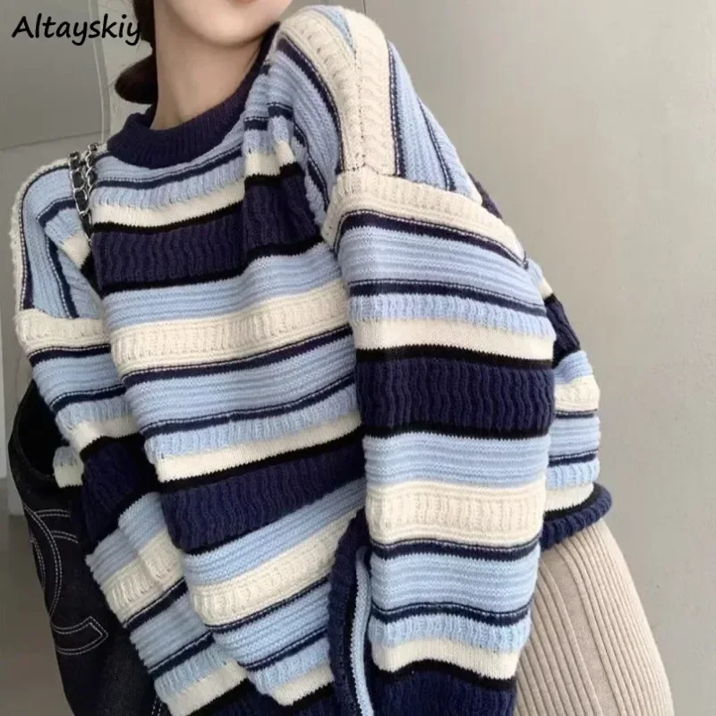 

Knitted Pullovers Women Gentle Striped Sweaters Lazy Style Vintage Autumn Winter Loose Trendy All-match Students Korean Fashion
