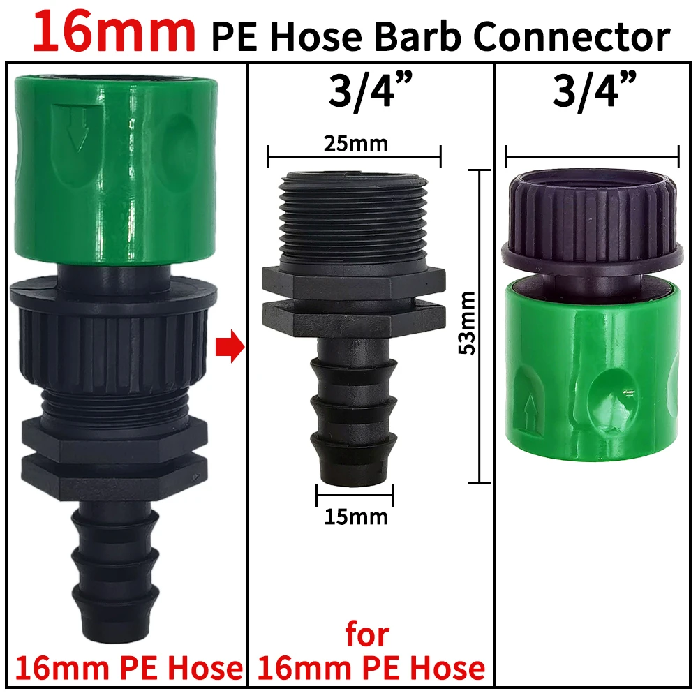 Oasis 3/4\'\' Quick Connector Nipple EURO Barb Threaded Adapter for 16mm 20mm PE Hose Pipe Garden Drip Irrigation Watering System