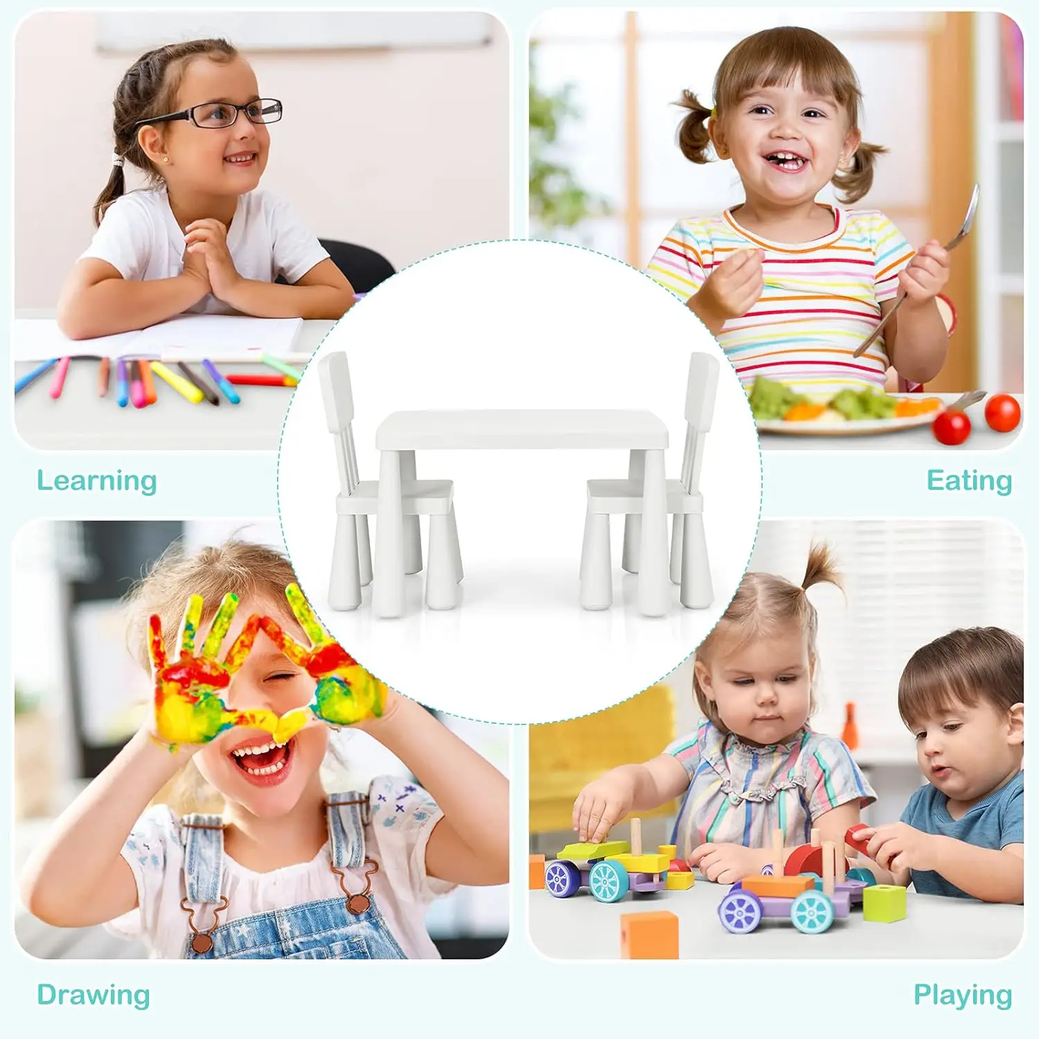 Kids Table and Chair Set, 3 Piece Plastic Children Activity for Reading, Drawing,Snack Time,Arts Crafts, Preschool, Kindergarten