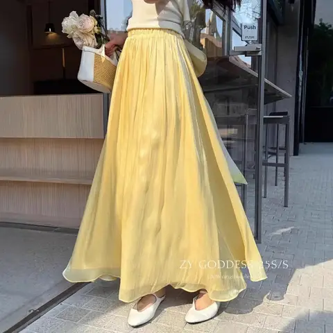 Summer New Gentle Shiny Copper Ammonia Silk Half Skirt Women's Folded High Waist Long Fairy Skirt Trendy A- Line Single Color