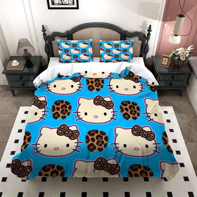 Vibrant Blue Hello Kitty 3 Piece Bedding Set, 3D Leopard Bow Microfiber Duvet Cover And 2 Pillowcases For Girls Gift