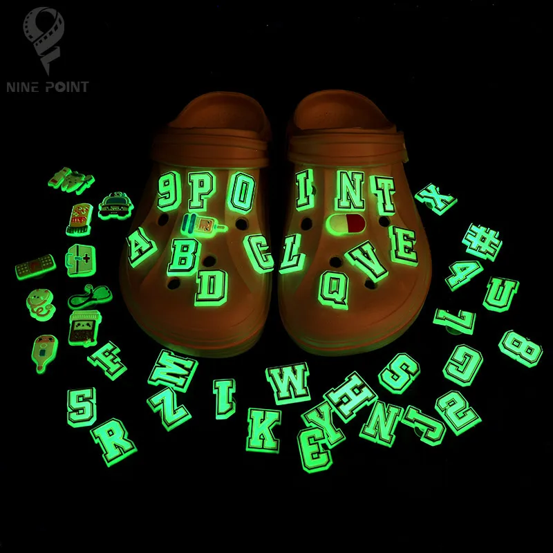 PVC Shoe Charms Accessories 26 Letter A-Z Number 0-9 Luminous DIY Decoration Buckles Pins for Croc Sandals X-mas Gifts Pins