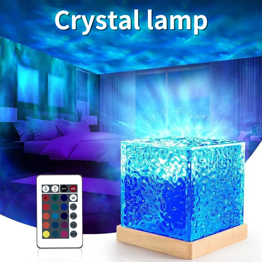 Dynamic Rotating Water Ripple Projector Flame Crystal Lamp LED Night Light 3/16 Colors Crystal Lamp for Home Bedroom Decor Gift