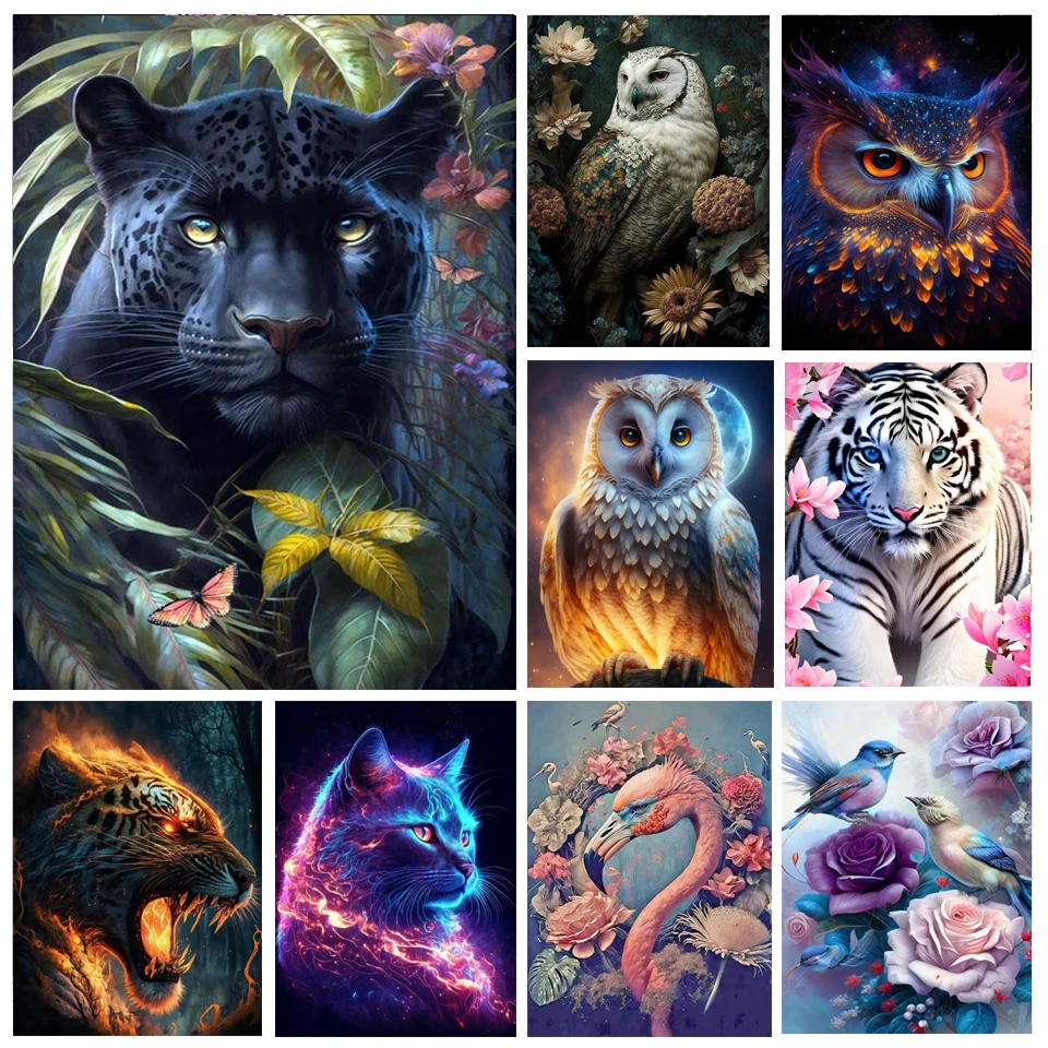 Jungle Tiger Leopard Owl Flowers 5D Diamond Painting Cross Stitch Kit Wild Animal Diamond Mosaic Embroidery Full Rhinestone V398