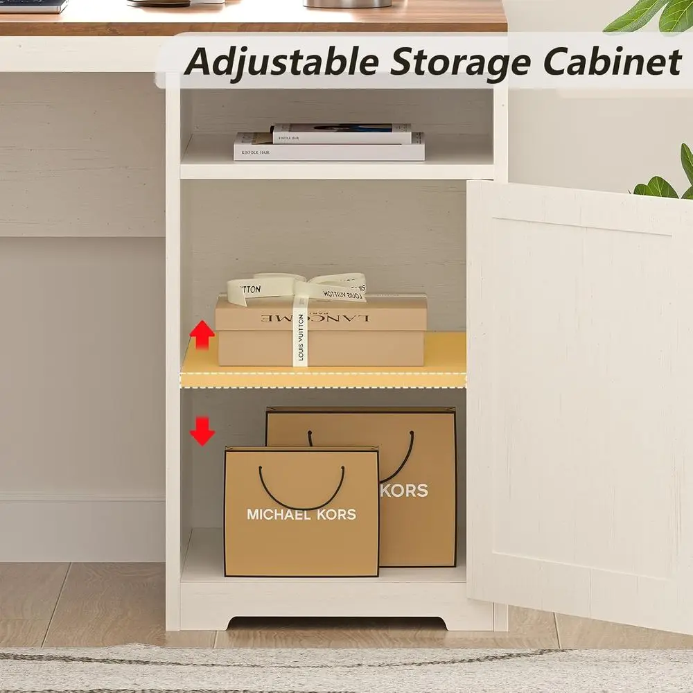 63" Farmhouse L Shaped Executive Desk with Drawers & Storage Shelf, Corner Computer Desk with Power Outlets, L Shape，Customized