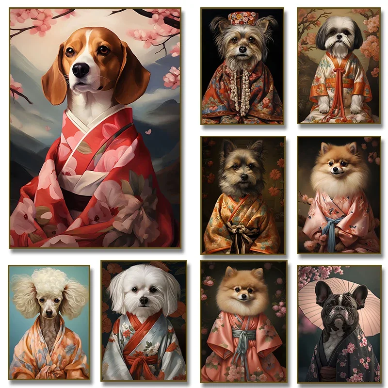 Maltese Dog Din Pomeranian Yorkshire Beagle Wear Kimono Poster Canvas Painting Print Wall Art Picture for Living Room Home De