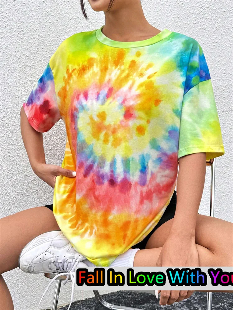 New Style Tie-Dye Drop Colorful T-Shirt Summer Oversized Women O-neck Tee Harajuku Trend Short Sleeve Female Streetwear Tops