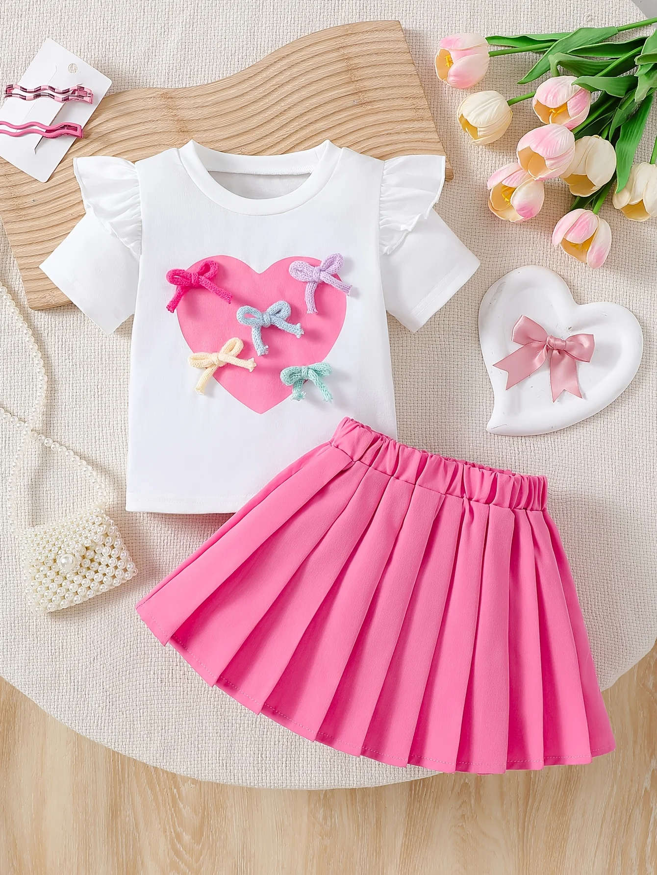 

Летний комплект для девочек: топ с 3D-принтом в виде банта и сердечек + ярко-розовая юбка-пудель. | Подарок на День святого Валентина / Подарок на день рождения малыша