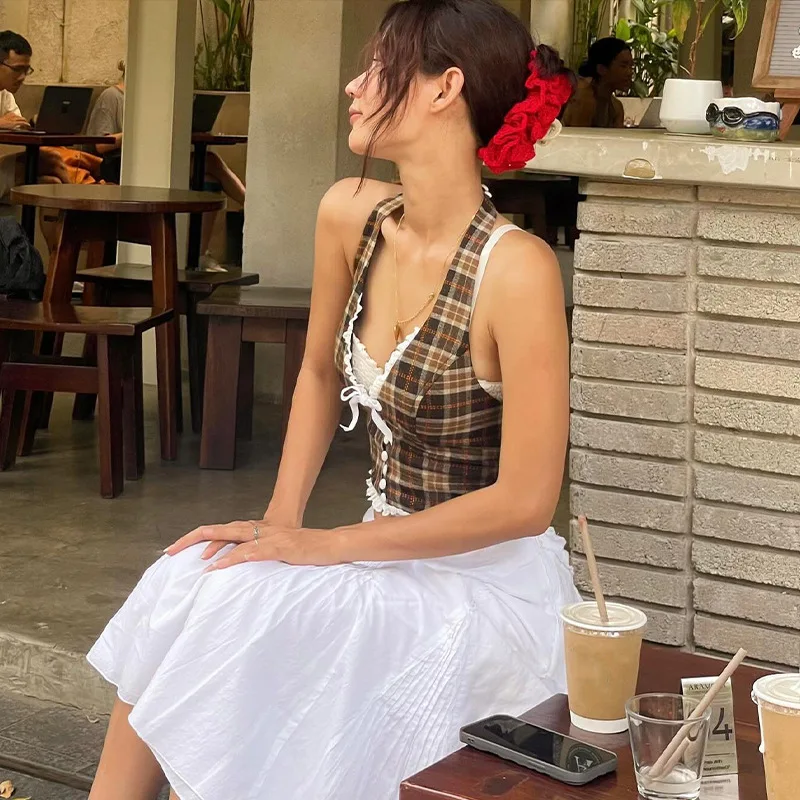 Estilo francês retro xadrez magro estilingue camisa 2025 verão novo laço sem costas sem mangas com decote em v colete sexy roupas femininas y2k