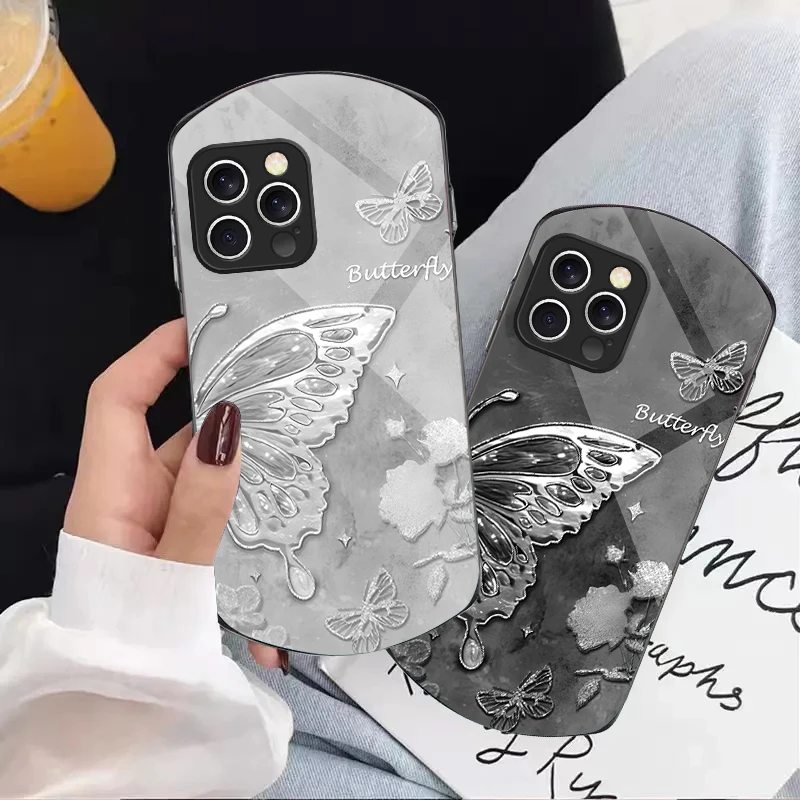 

Gradient Half Butterfly For iPhone 16 15 14 Pro 13 Plus 12 mini 11 13Pro Max XR Xs X 7 8 6 Elliptical Tempered Glass Phone Case