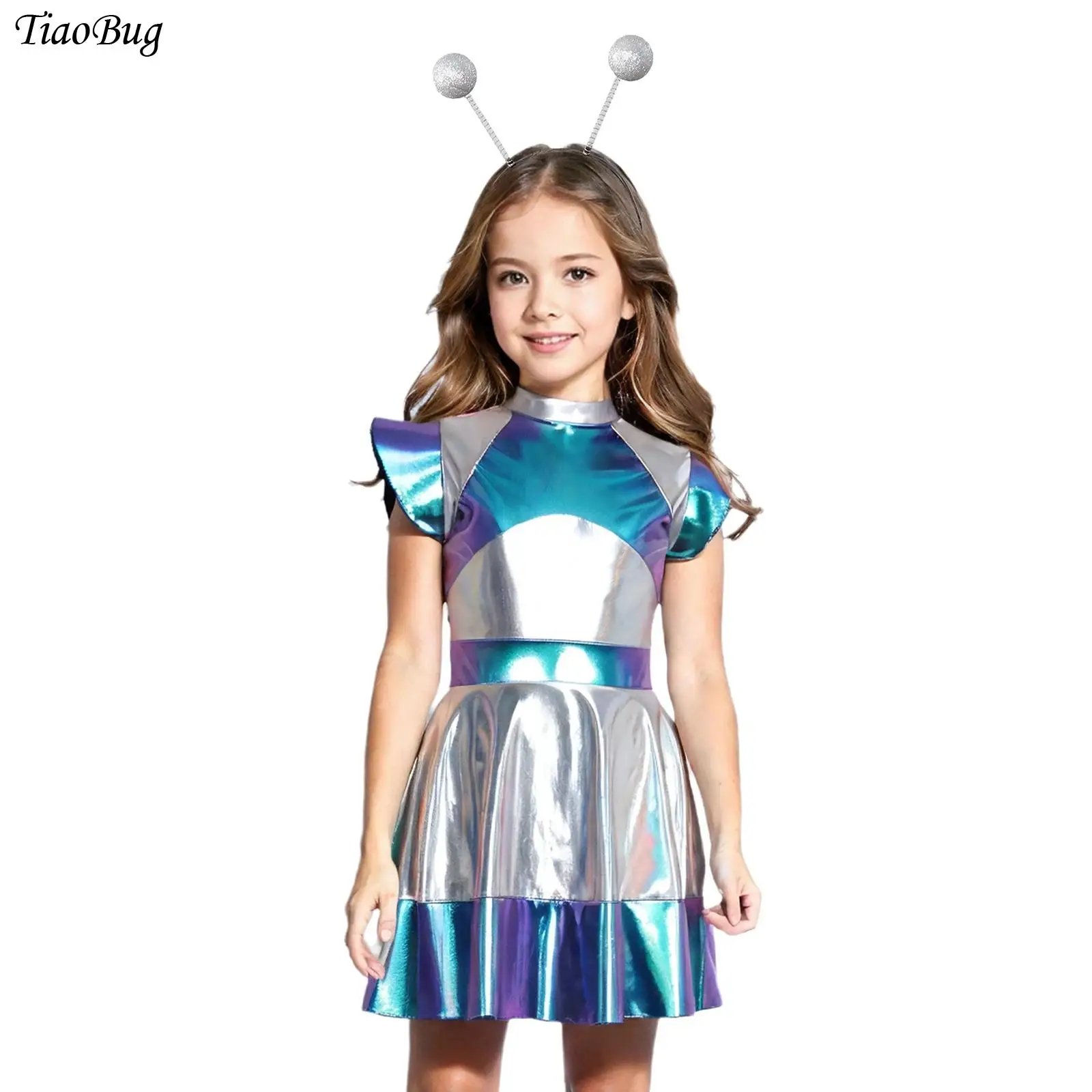 

Girls Halloween Alien Outerspace Astronaut Costume Shiny Metallic Cap Sleeve Gradients A Line Tutu Dress +Hair Hoop Robot Party