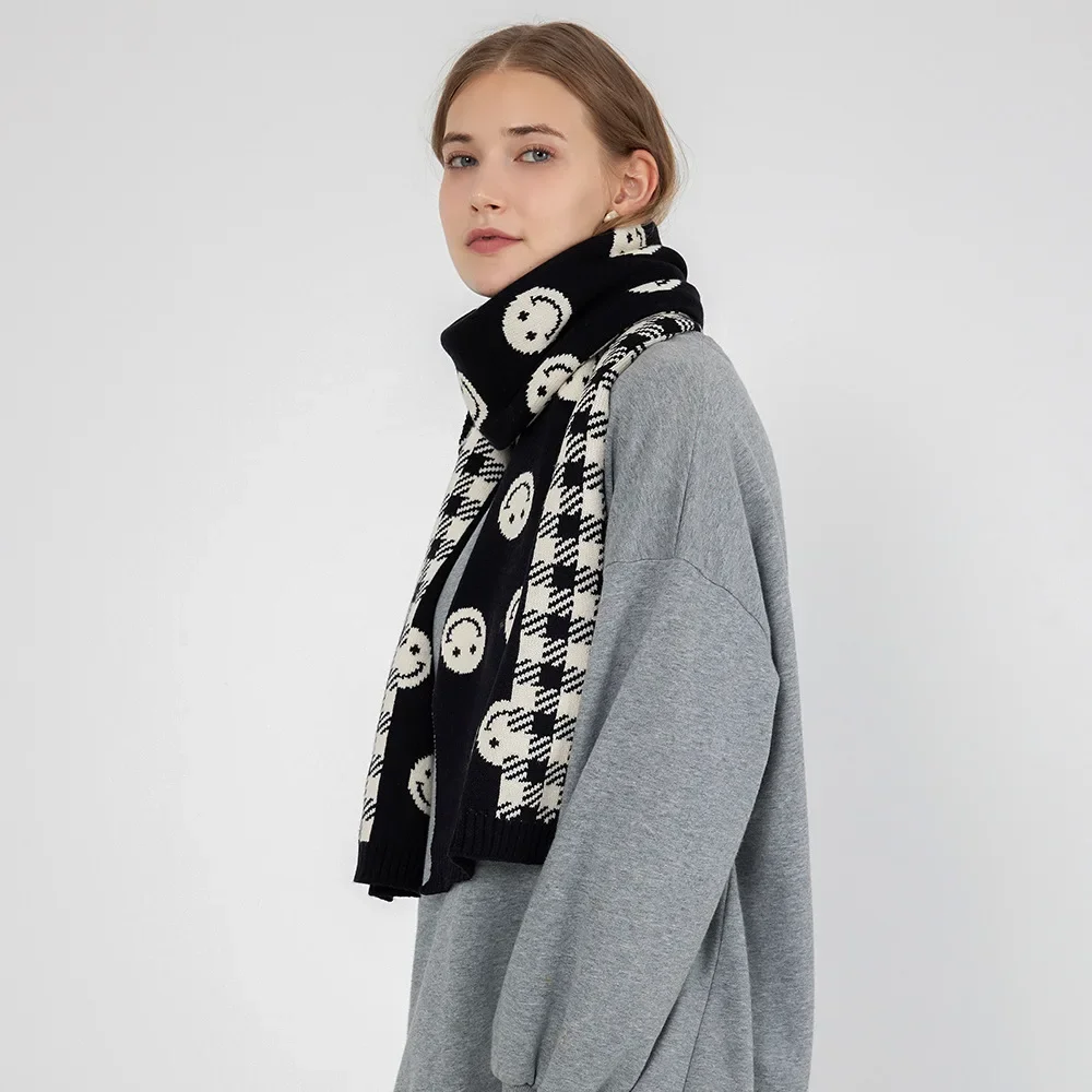 Ins Style Smiley Face Plaid Knitted Scarf Women's Winter New Warm Versatile Thick Wool Scarf