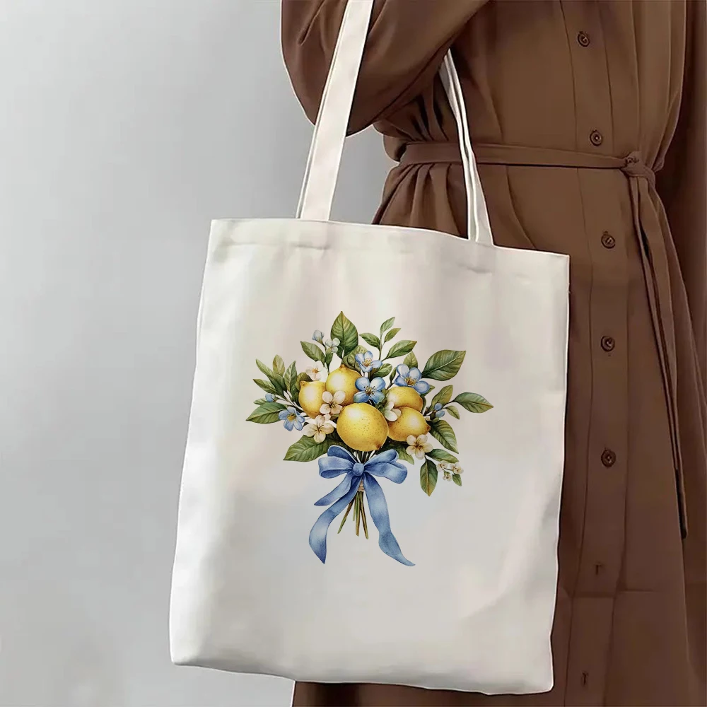 Lemon Bouquet Blue Ribbon Printed Canvas Tote Bag Summer Aesthetic Fruit Yellow Flower Shoulder Handbag Casual Eco Daily