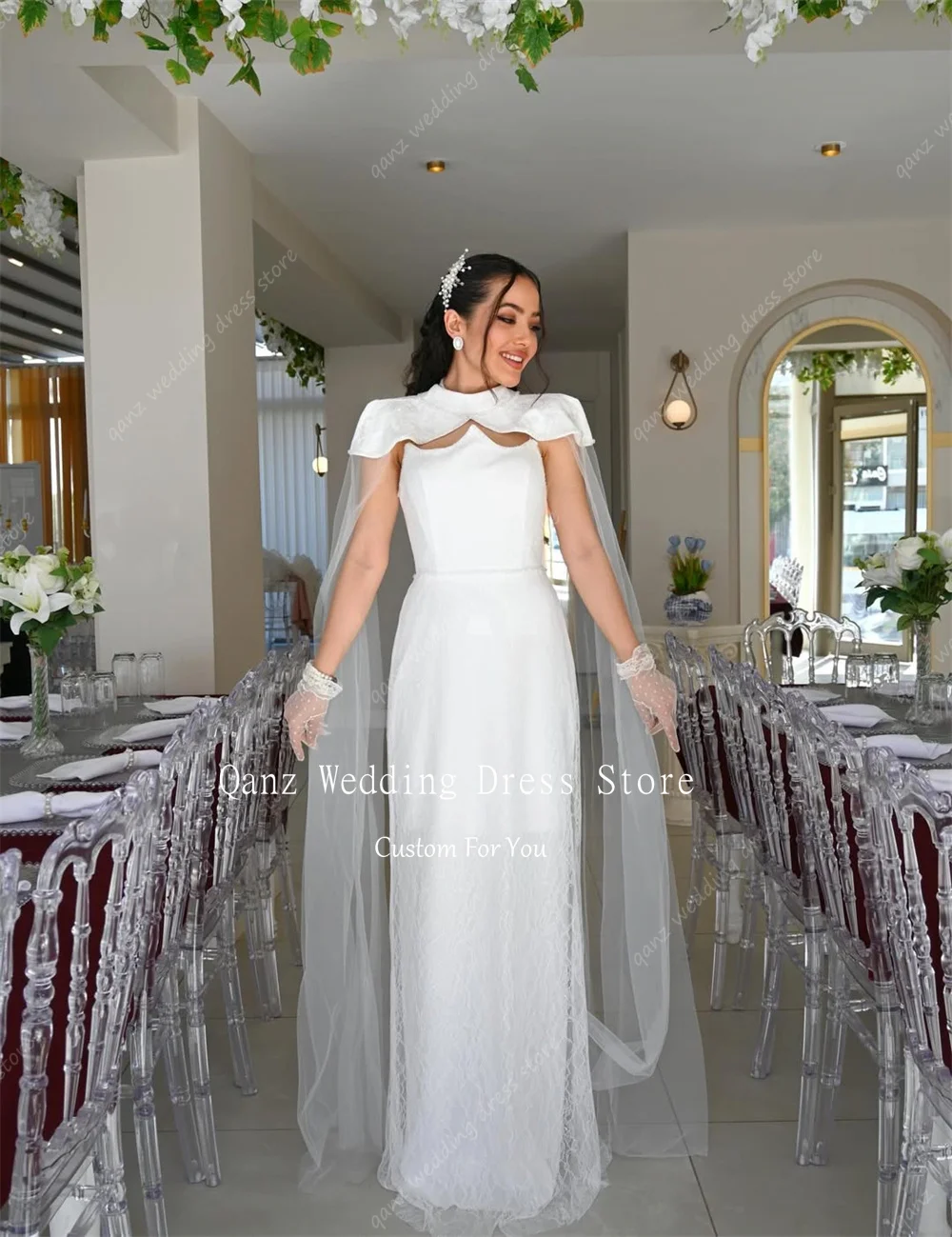 Qanz White Satin Wedding Dress With Jacket Strapless Backless Vestido De Novia Elegant Lace Women Long Robe De Mariée Customized