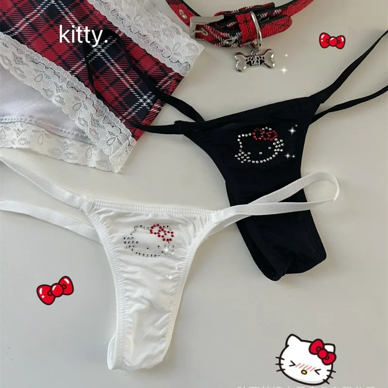 Kawaii hello Kitty Tong for Girl、ソフトローウエストパンティー、レディース通気性Tシャツバック下着、セクシーな女の子の下着、フラッシュダイヤモンド、y2k