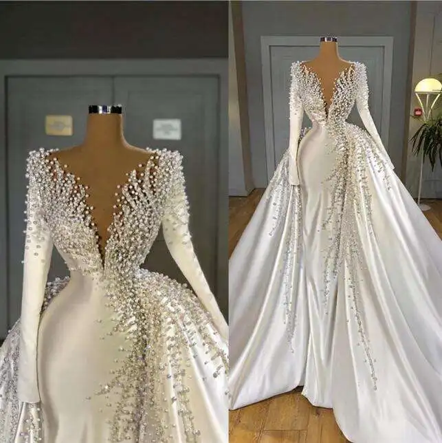 

Deep V-neck Long Sleeve Sheath Wedding Dress Beaded Saudi Arabia Custom Made Bridal Gown With Detachable