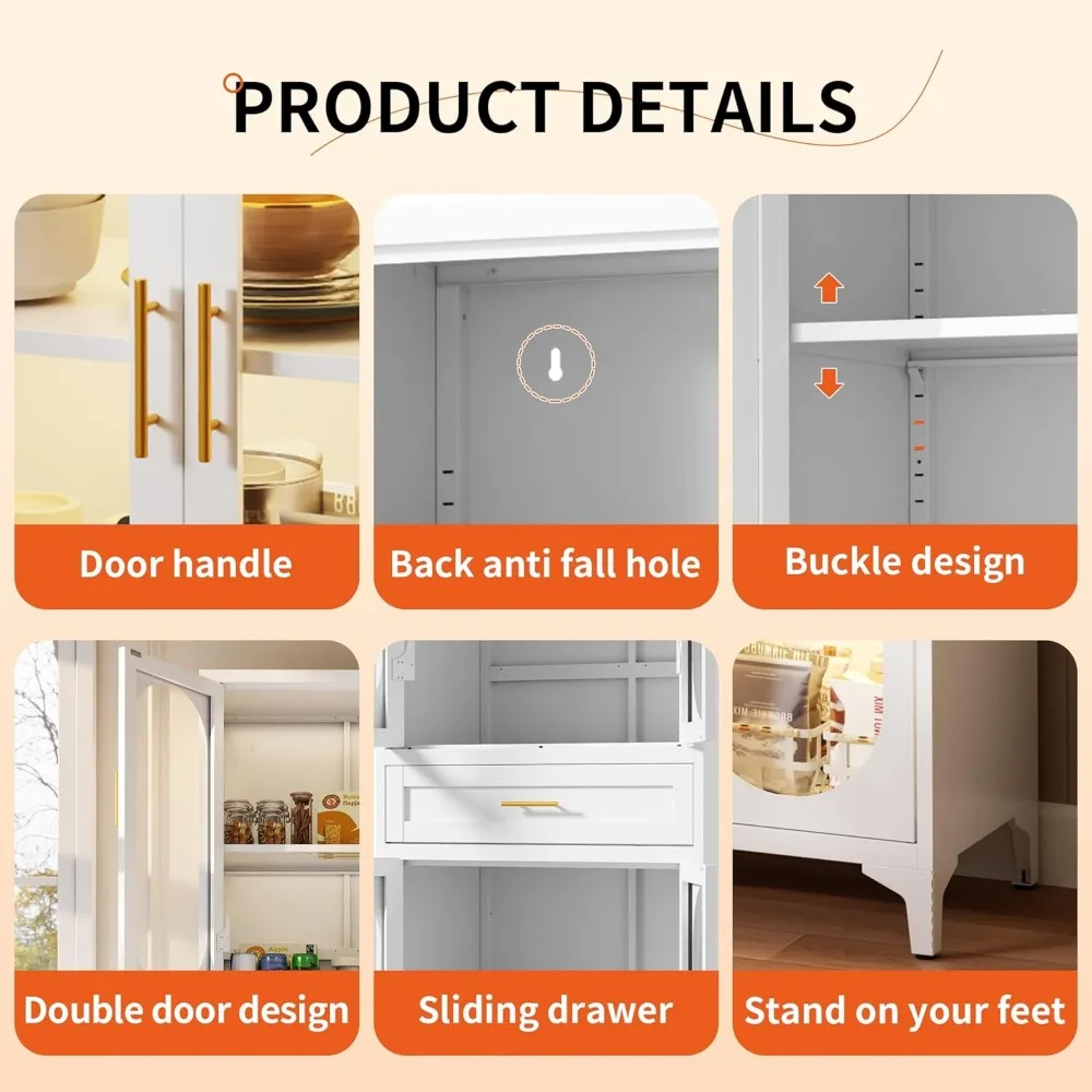 خزانة تخزين المطبخ 74.8 H مع 4 أبواب ودرج واحد، طبقات قابلة للتعديل لتخزين الحمام، خزانة معدنية طويلة للمطبخ،