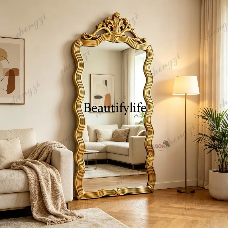French retro carved full-length mirror, living room entrance, full body, European bedroom, premium floor-to-ceiling mirror