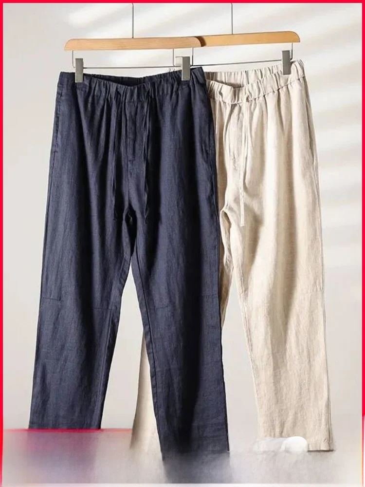 

High Quality 100% Flax Men's Casual Pants Breathable Moisture Wicking Straight Leg Nine-Tenths Length Spring Summer Fashion