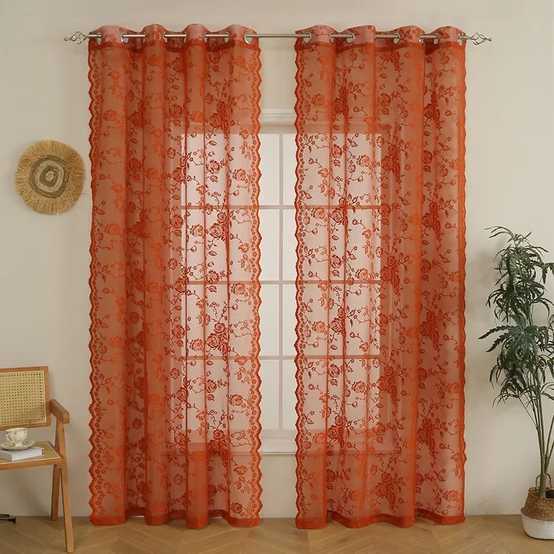 French Style Embroidered Rose Lace Curtains, Rod Pocket Semi-Sheer Voile Window Treatments for Bedroom Living Room