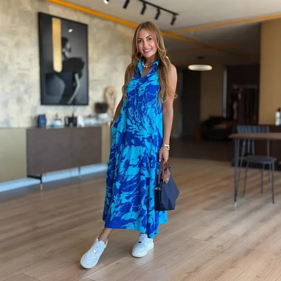 New Summer Fashion V-neck Sleeveless Print Boho Dress Women's Elegant Casual Loose Beach Party Holiday Dresses Robe Femme