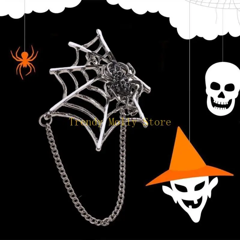 N5KB Punk Spiders Net Lapel Pin with Chain Halloween Costume Jewelry Accessories for Women Men, Punk Chain Brooch Lapel Pin