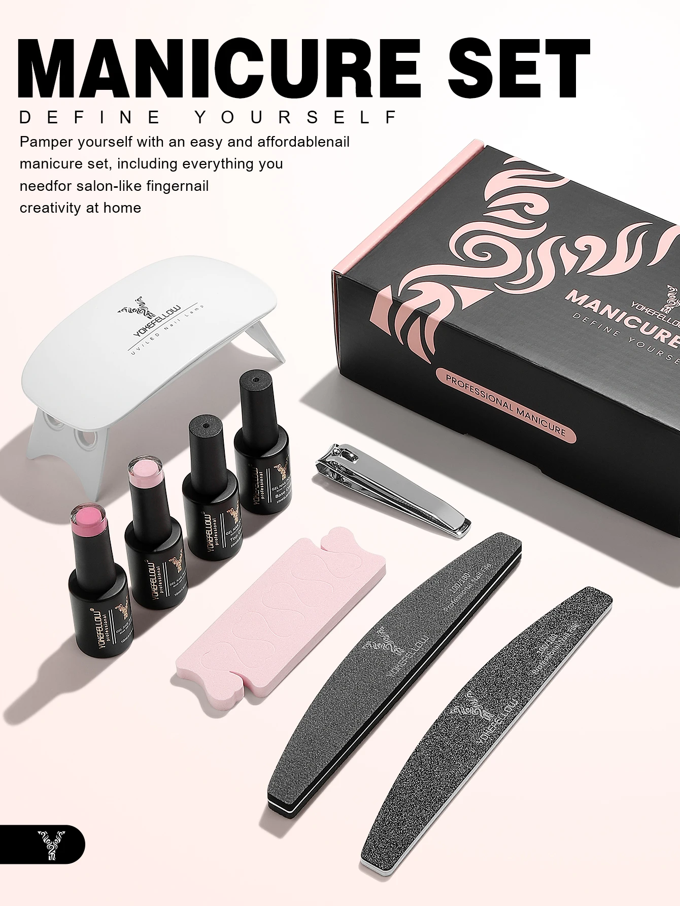 Yokefellow 9 pçs gel unha polonês starter kit com lâmpada uv pastel rosa gel base casaco superior ferramentas da arte do prego conjunto gel manicure kit