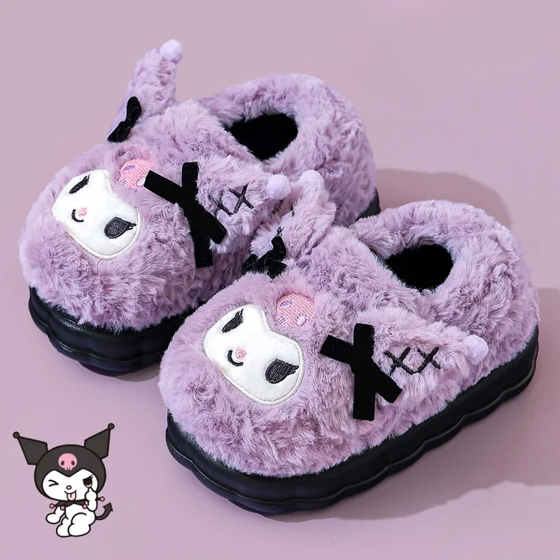 Sanrio Kulomi Purple Plush Winter Warm Bag and Cartoon Women's Cotton Slippers Indoor Cute Thick-bottomed Non-slip Home Slippers