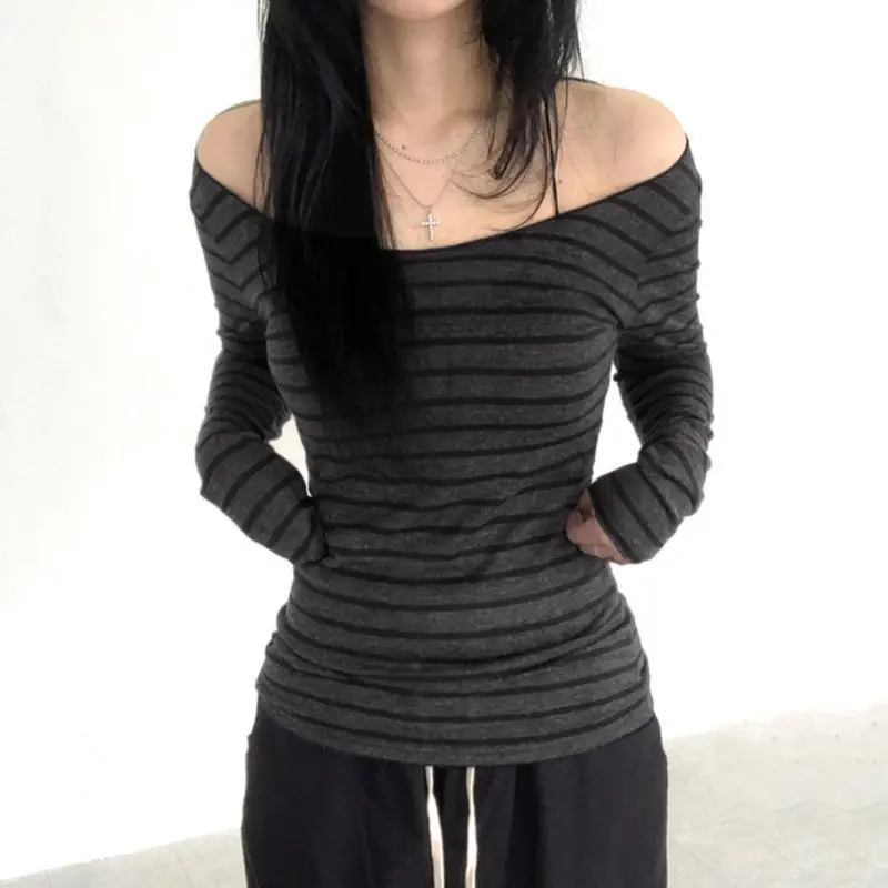 Striped One Shoulder Versatile Lightweight Hoodie Long Sleeve Atmosphere T-shirt Top