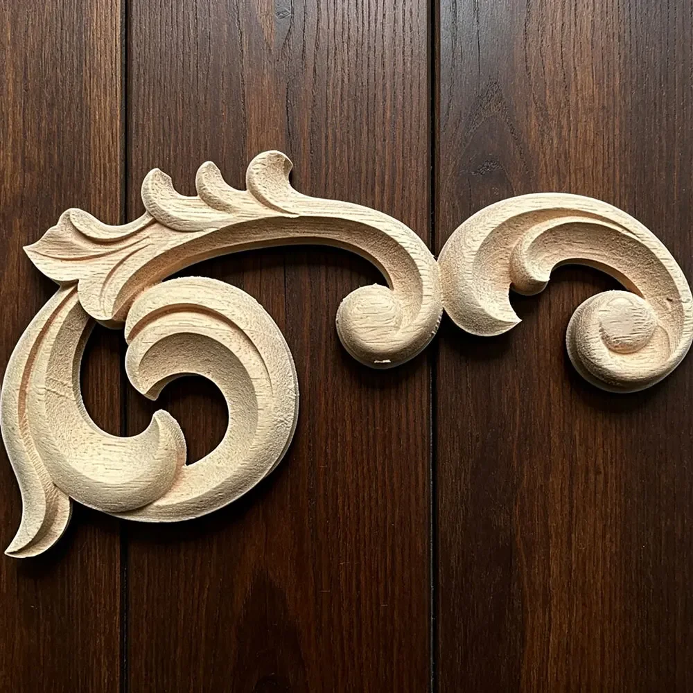 4PCS 21cm Left and Right Wood Carved Corner Onlay Applique Unpainted Furniture Decor Frame Decal Carpenter Desk Chair Decoration