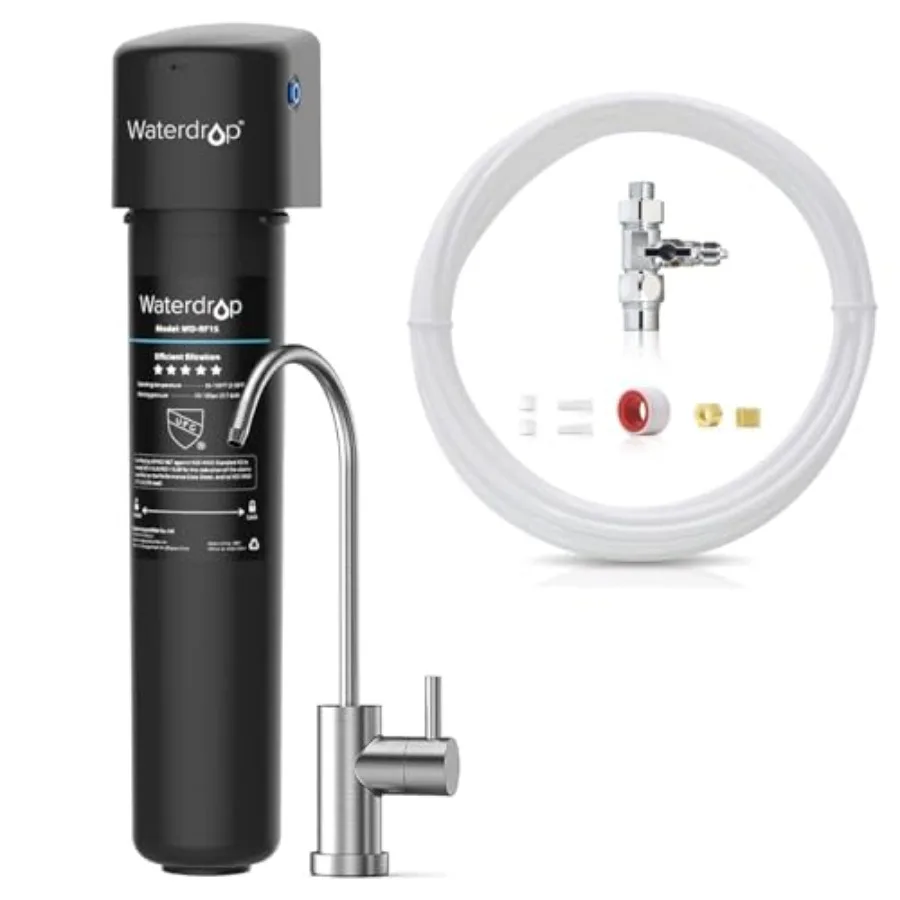 Sistema de Filtro de Agua Debajo del Fregadero 15UB, Reduce el Plomo, el Cloro, el Mal Sabor y el Olor, y el Kit de Conexión de Línea de Agua Waterdrop de 1/4 Pulgadas