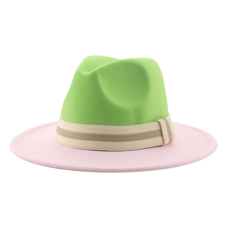 Stitching Hat Classic Flat Brim Fur Felt Hat Tie-dyed Color Matching European And American Retro Fedora Hat