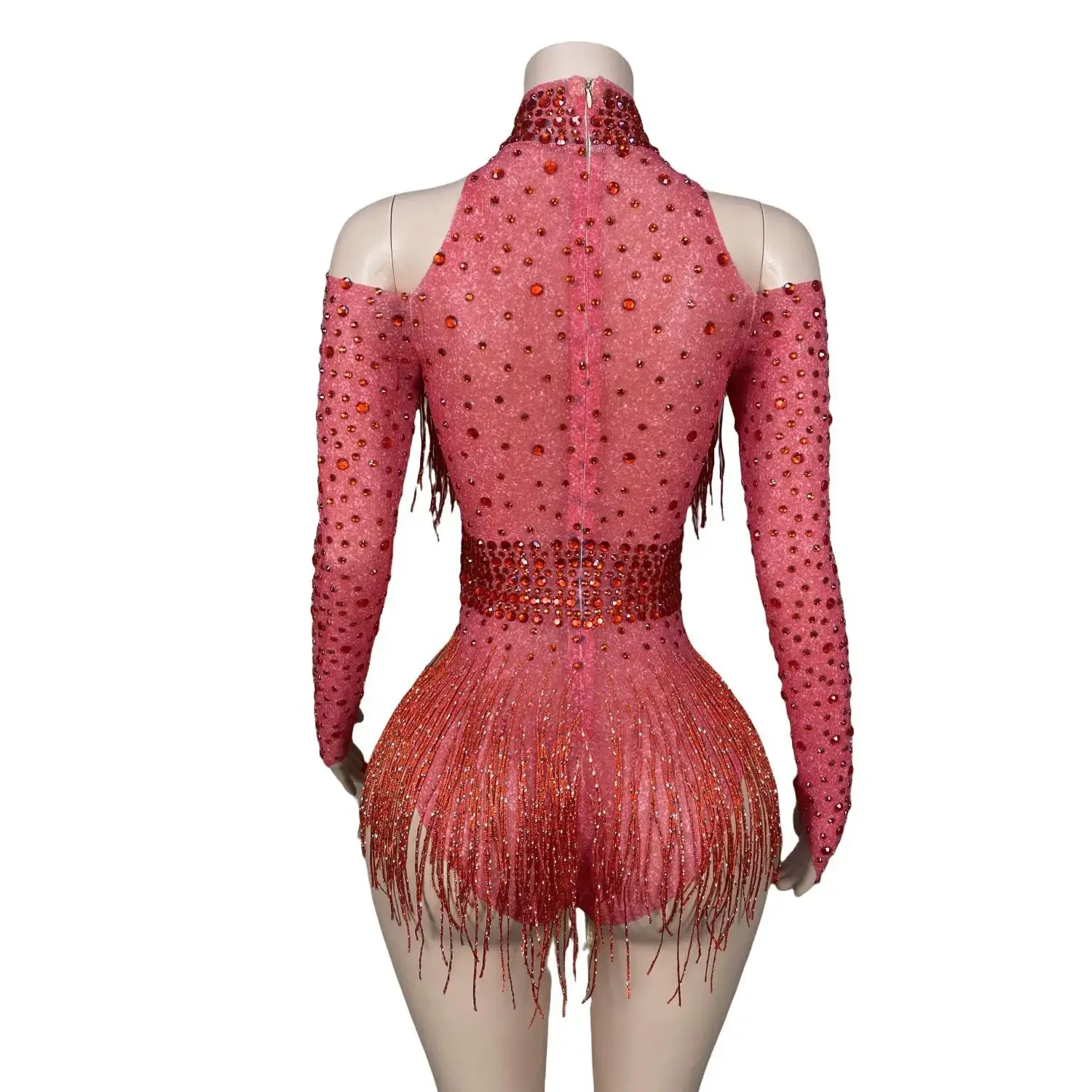 Sexy Red Spandex Bodysuit Rhinestone Long Sleeve Jumpsuits Tassel Performance Costumes Party Evening Bodycon Romper Hongdenglong