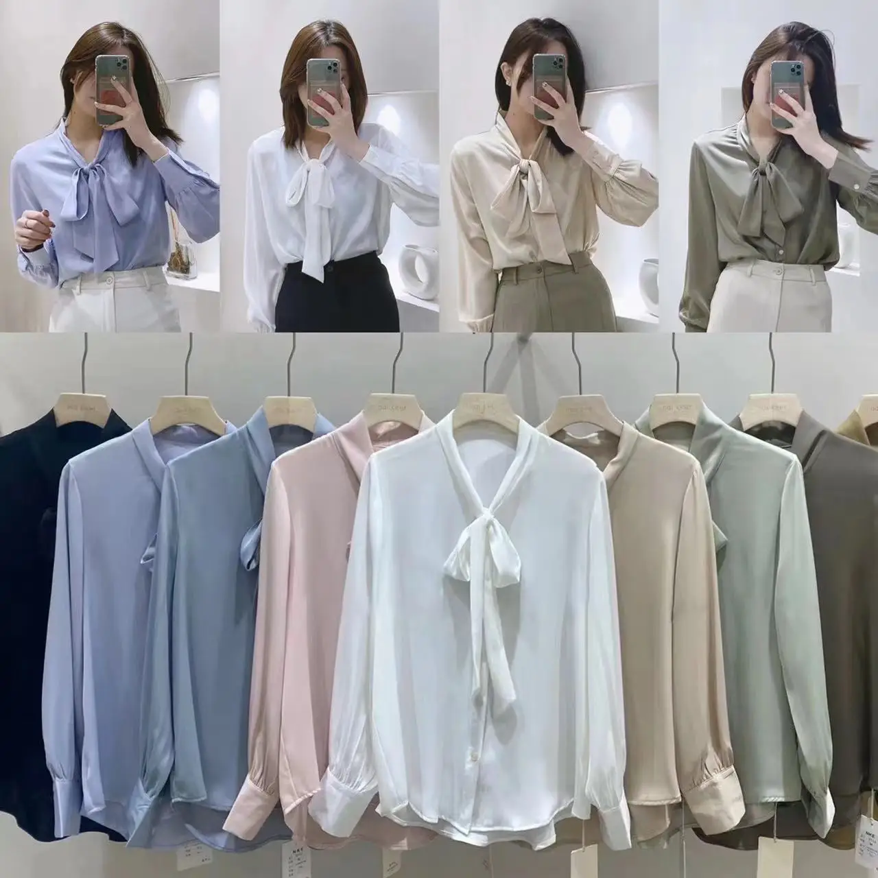 بلوزة من الساتان والحرير الجليدي للنساء بأكمام طويلة، شريط أنيق أنيق وعصري ومناسب للتنقل في الخريف