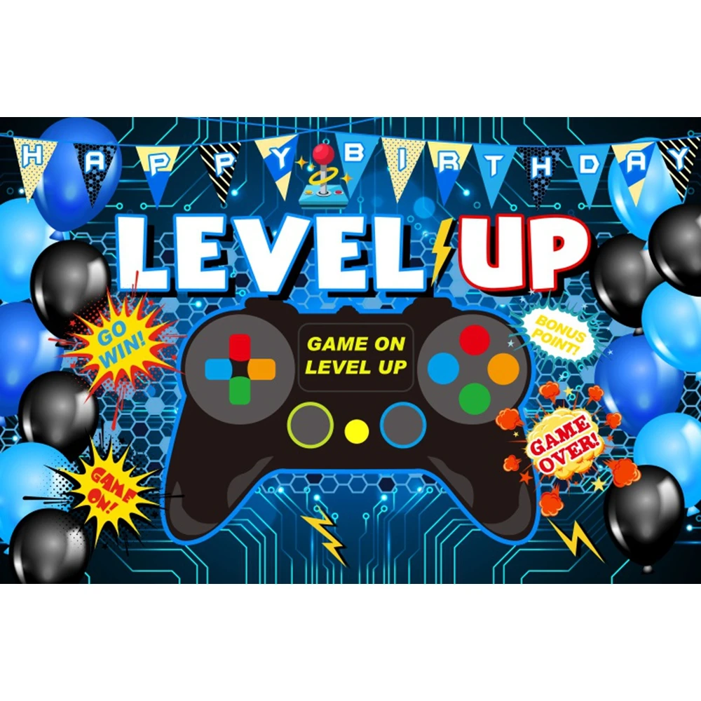 Game On Happy Birthday Backdrop Video Gamer Neon Gaming Theme Level Up Child Birthday Party Photography Background Photo Studio