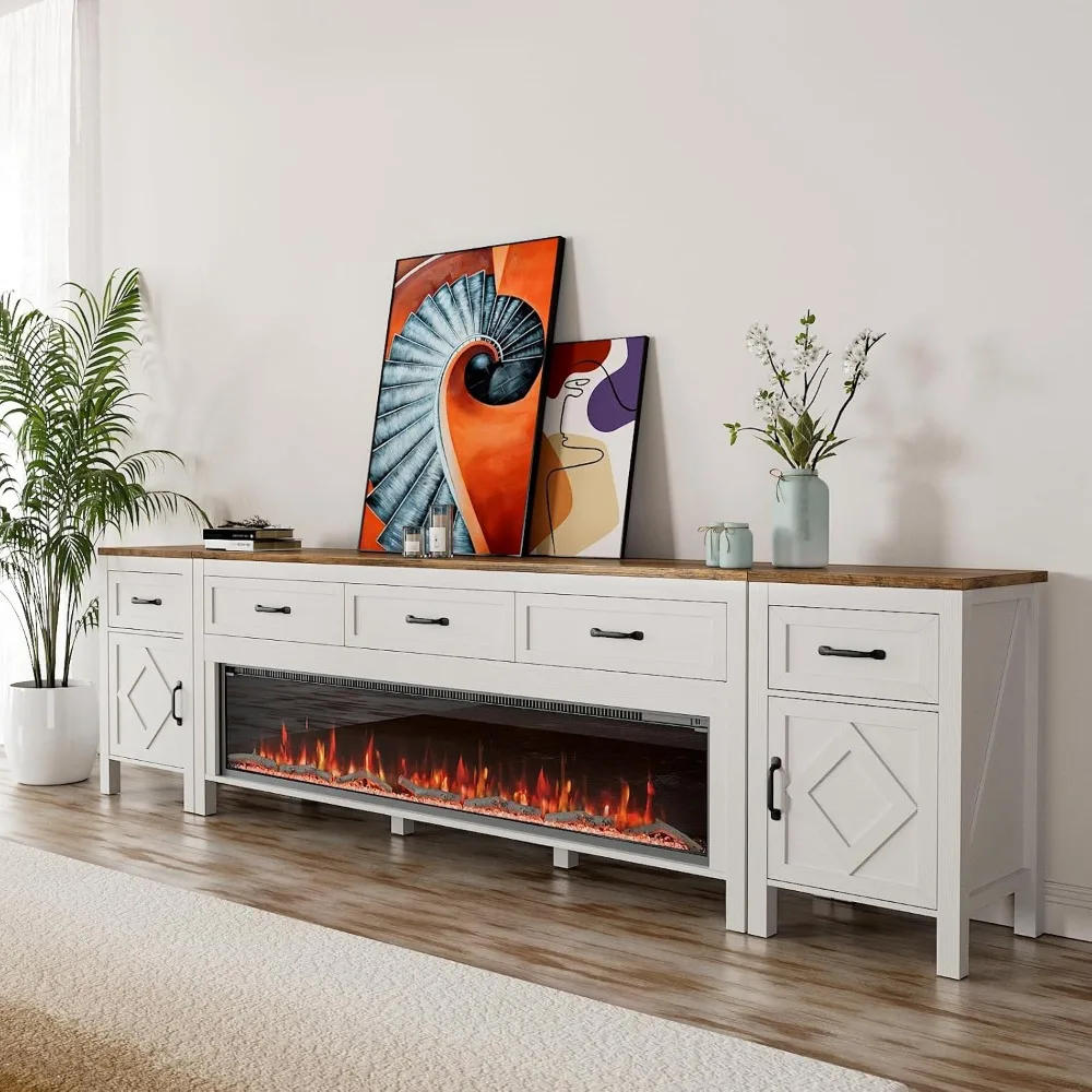 حامل تلفزيون حديث مع مدفأة لأجهزة التلفاز حتى 100 بوصة، مركز ترفيه مع مدفأة كهربائية 60 بوصة، وحدة تحكم تلفزيون مقاس 98 بوصة مع #5