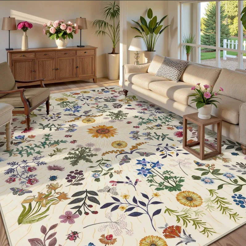 American Style Plant Floral Living Room Carpet Thickened Non-slip Large Area Decoration Rugs Home Lounge Bedroom Plush Foot Mat