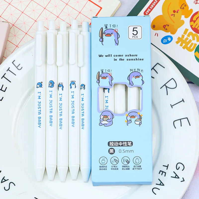 

5pcs/Set Kawaii Gel Pen Set Minimalist Small White Barrel Neutral Pen Press Gel Pen 0.5 Smooth Quick-Drying Black Ink Pen