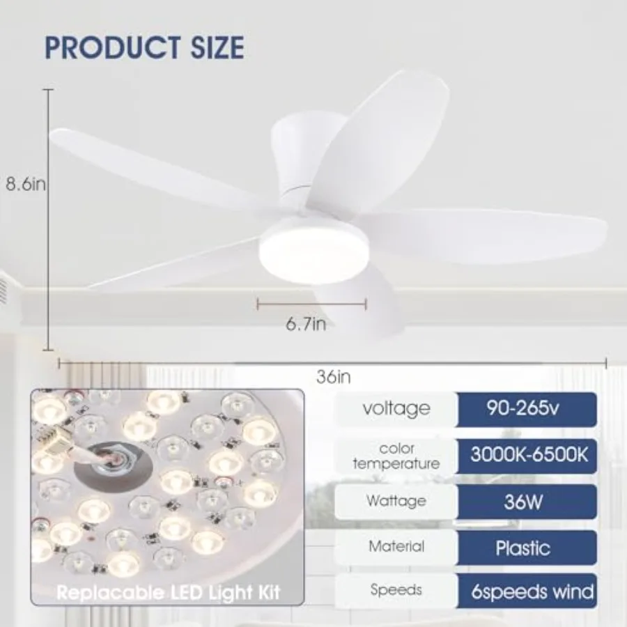 Ceiling Fans with Lights-36 Low Profile Ceiling Fan with Light and Remote/APP ControlFlush Mount DC Reversible LED Dimmable Mod