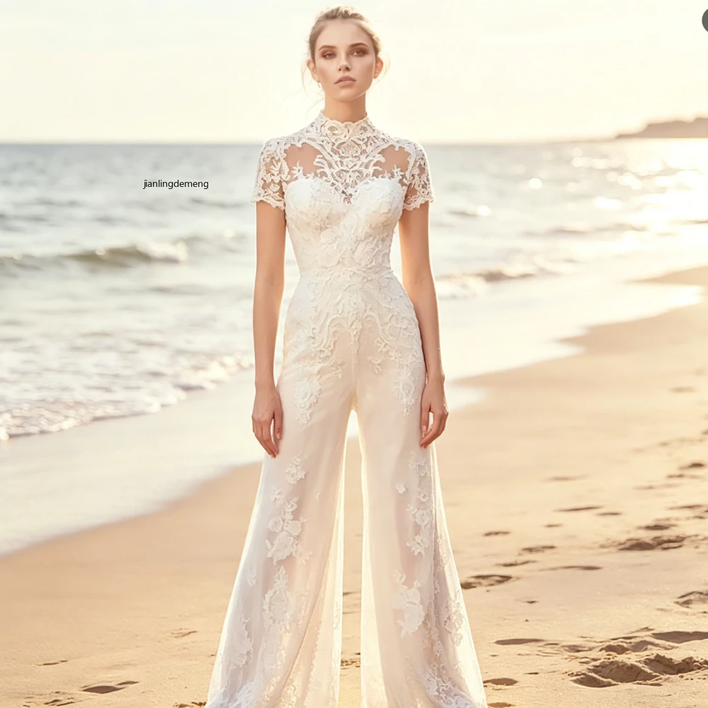 Elegant Lace Bridal Jumpsuit  Wedding Dress High Neck Short Sleeve Floral Applique Boho Beach Wide Leg Pantsuit Customized