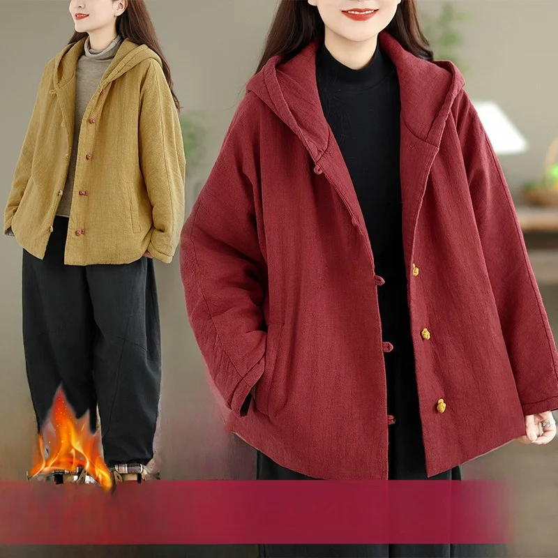 

Женское хлопковое пальто Thiened в стиле ретро в Корейском стиле с воротником-стойкой и капюшоном на пуговицах, зимнее пальто, теплая и удобная верхняя одежда