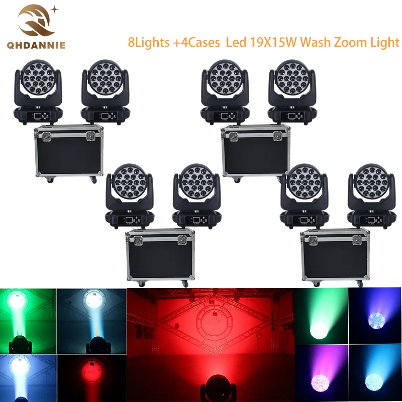 Freeshipping LED19x15W RGBW 4in1 Wash Zoom MovingHead Stage Light DJ Bar Stage Effects DMX512 (8Pcs Lights+4Pcs Flycases)