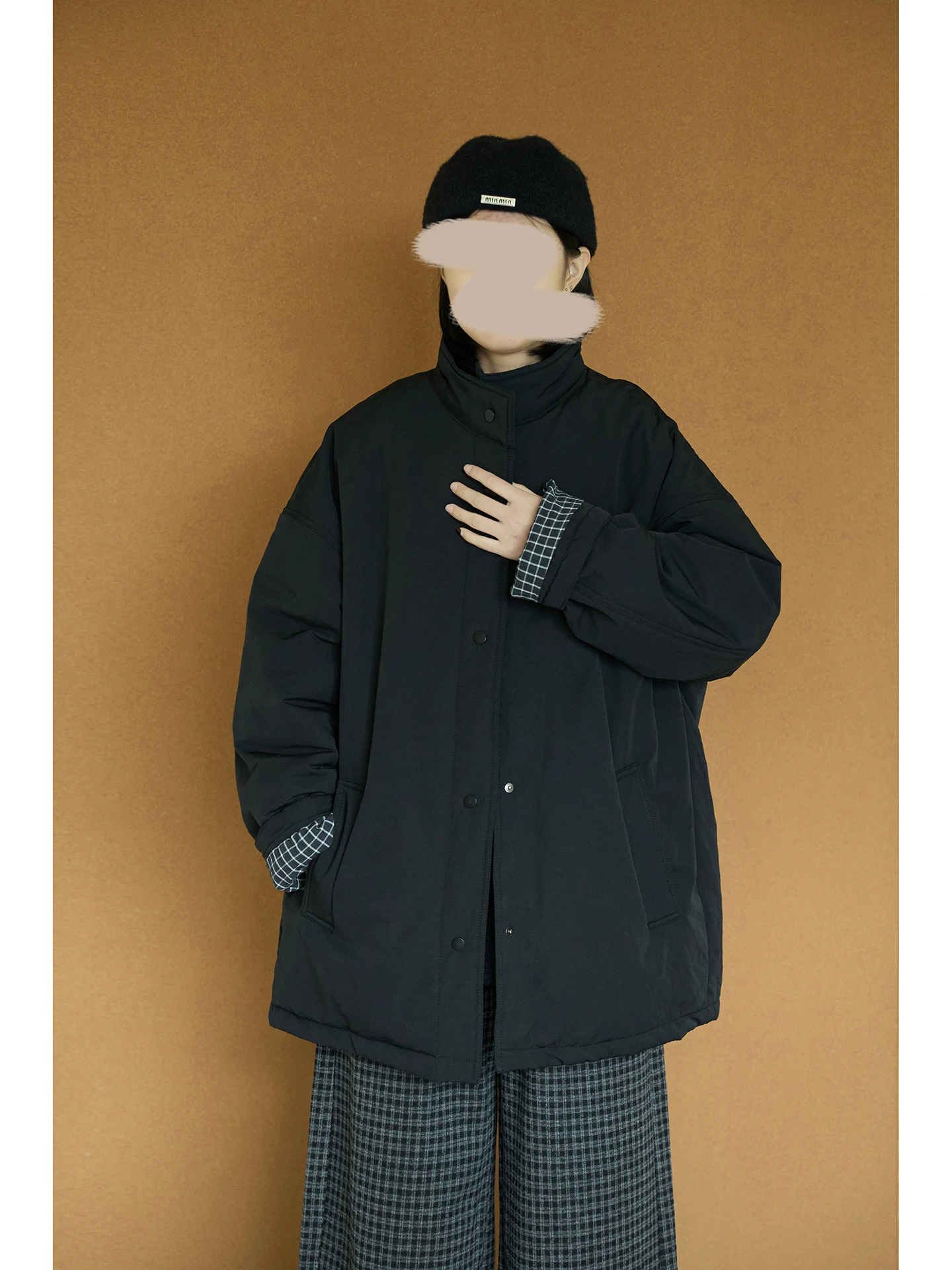 

Thiened Medium-Length Cotton Jaet with Stand Collar And Plaid Design Sweet Japanese Sle Women's Winter Coat