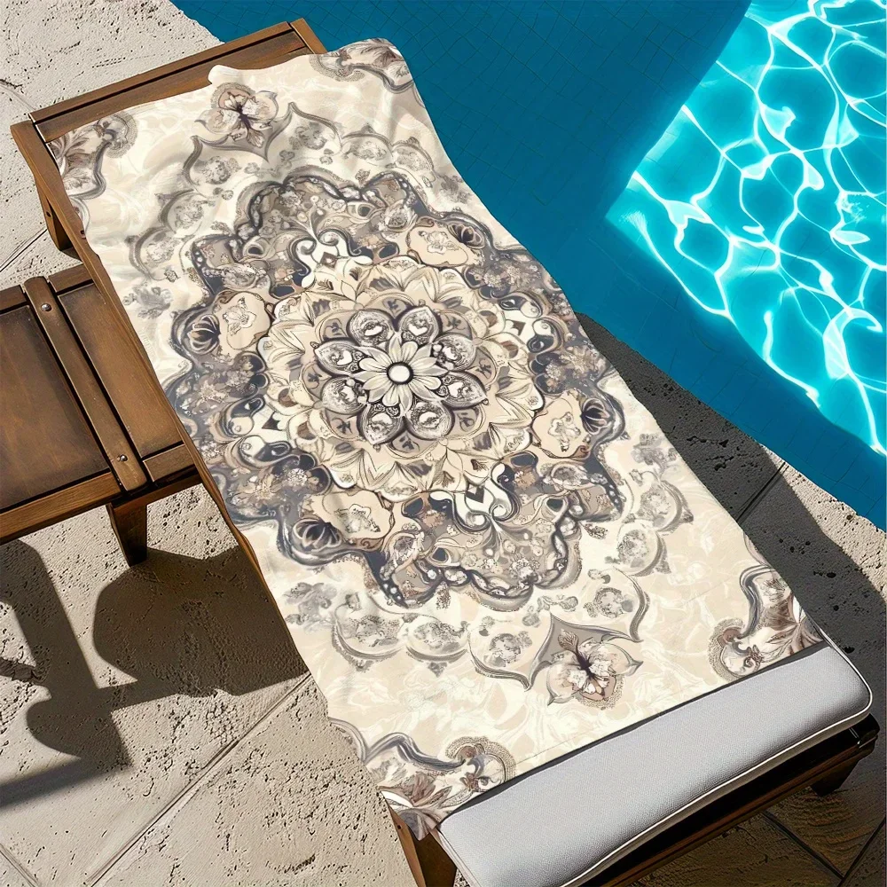 Beige Ornate Mandala Print Quick Dry Microfiber Beach Towel, Elegant Boho Floral Oversized Towel for Summer Swim and Pool Use