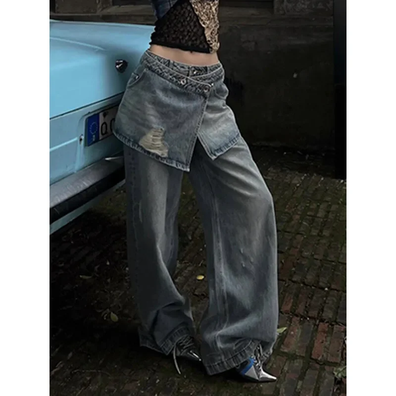 Fake Two Piece Casual Blue Harajuku Jeans Women Vintage Loose Fit Washed Punk Baggy Cargo Pants Y2K Wide Leg Denim Trousers