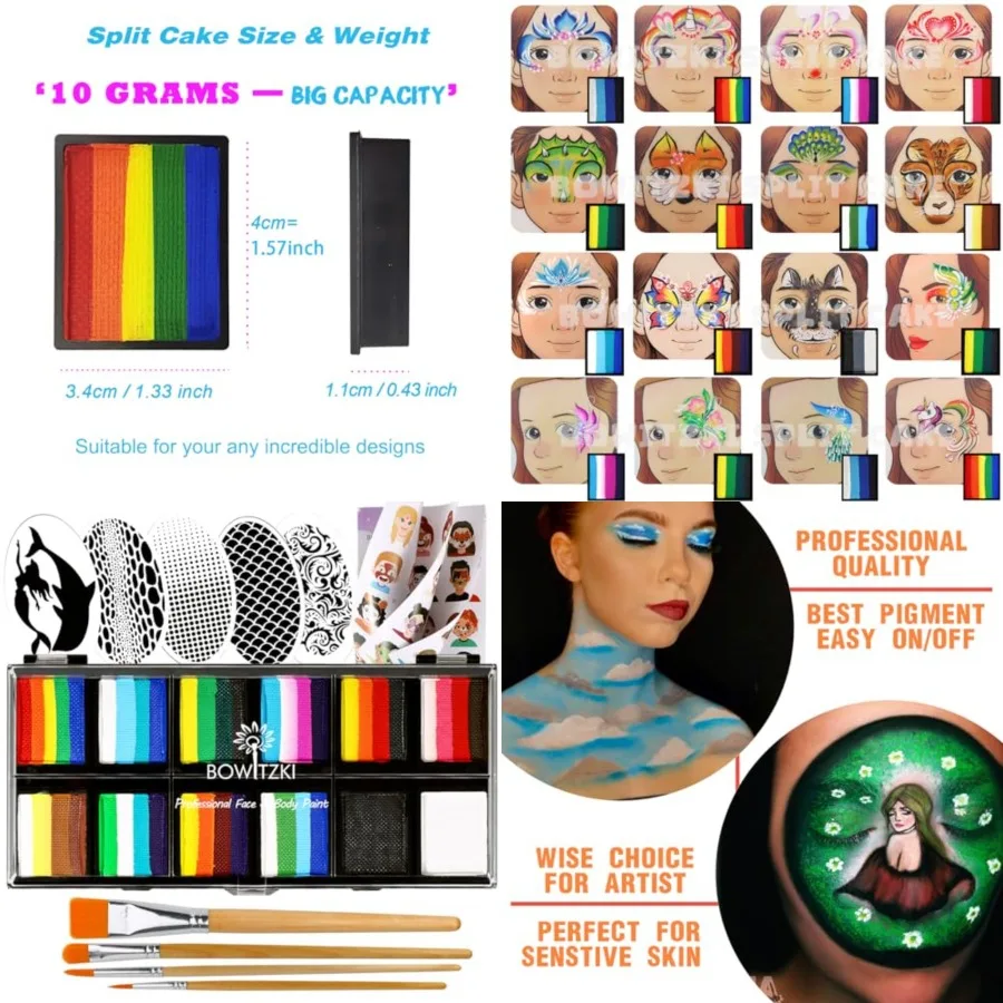 

Набор профессиональных красок для лица Split Cake для взрослых, 12x10 г, с трафаретами, нетоксичные, для рисования одним штрихом, радужные, цветочные, для флоористики